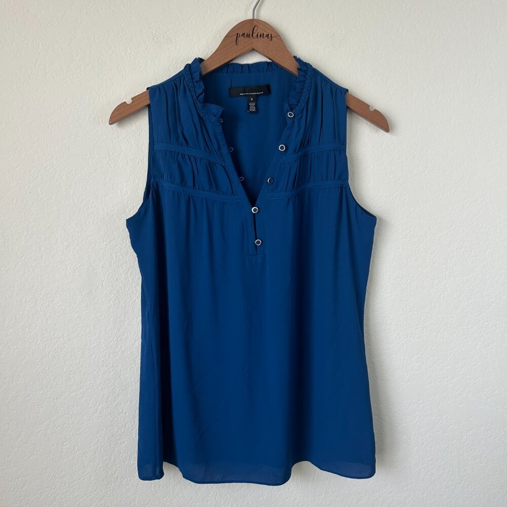 White House Black Market Blouse Womens Small Blue Ruffle Sleeveless Pleated Top